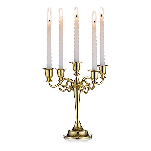 Nuptio Candélabres Bougeoirs Dorés 5 Bras en Métal Bougeoirs 27cm Haut Bougeoir Conique pour Mariage Fête d'anniversaire Table À Manger Salon Cheminée Décorations Noël