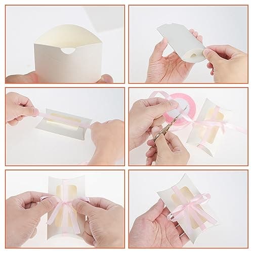 HSEAMALL Lot de 50 boîtes à dragées de mariage, boîte cadeau avec ruban pour décoration de fête de mariage, d'anniversaire (boîte à bonbons blanche avec fenêtre transparente)