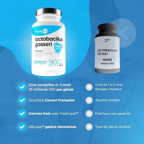 Lactobacillus Gasseri 10 Milliards UFC/Gélule - Cure Complète de +3 Mois - Probiotique Ventre Plat L-Gasseri - Soutien Digestif - FreshcareTM Fraîcheur Optimale - 90 Gélules DRcapsTM - Vegan - Hexagon