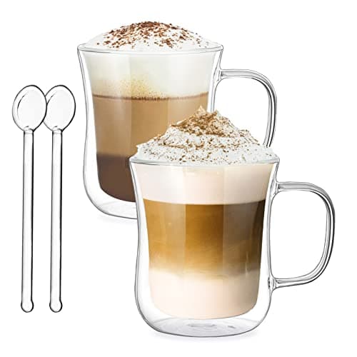 Lot de 2 Verres à Double Paroi 250ml - Verres à Cappuccino avec Poignée - Tasse à Café en Verre Borosilicate pour Thé, Lattes, Jus et Eau - Cuillères en Verre Incluses