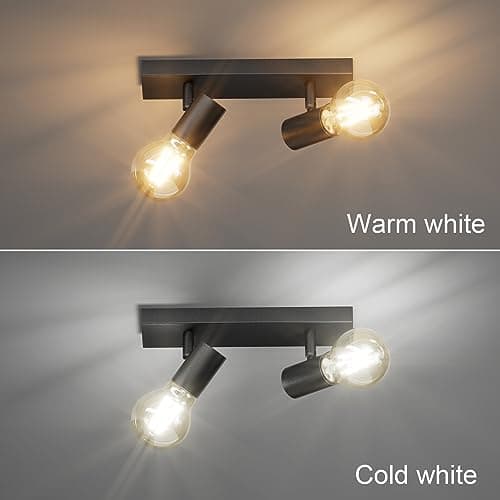 Klighten Spot Plafond E27, Vintage Plafonnier 2 Spots Noir Orientable, Luminaire Plafonnier Industrielle, Éclairage de Plafond Interieur pour Cuisine, Chambre, Salon, 26cm, Ampoule non Incluse