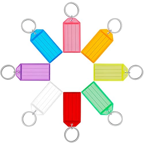 Uniclife 20 Pièces Porte Clés Porte Clef en Plastique de 5 cm avec Étiquettes en Papier Vierge Lignées Couvercles Transparents et Anneaux Fendus Identificateurs d'articles Robustes, 8 couleurs