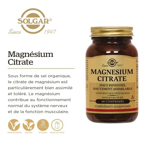 Solgar Magnésium Citrate - Sommeil et Fatigue - Vitalité et énergie - Hautement Assimilable - Minéral - Complément Alimentaire - Flacon de 60 comprimés