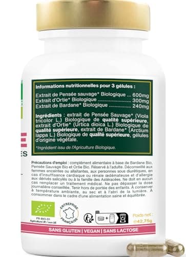 Peau Nette BIO | Peaux Grasses et à Problèmes | Régule la production de Sébum | Détoxifie et Purifie | Bardane, Pensée Sauvage, Ortie | 60 gélules de 380mg | Fabriqué en France | Qualité Supérieure