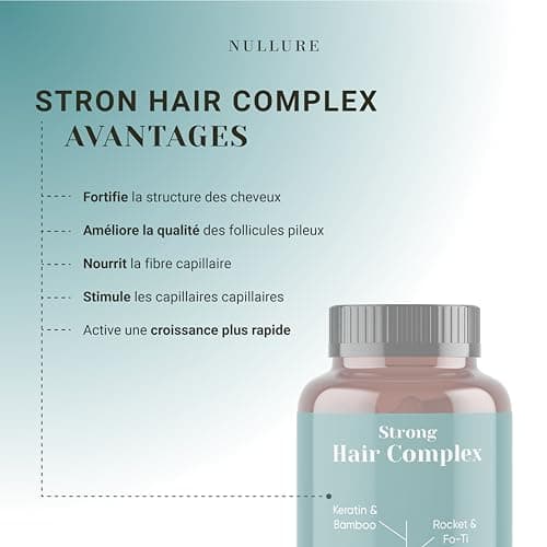 Nullure Formule Pousse Cheveux | Biotine + Kératine + Zinc + Fo Ti + Vitamine B2 + Bambou + Roquette | Complement Alimentaire | Biotine Cheveux Pousse Rapide - Sans Excipient |120 gélules (2 mois)