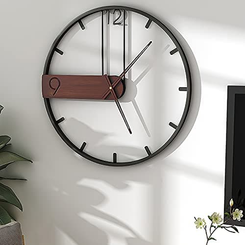 Yumyolk Horloge Murale à Cadre Rond Noir 60cm Mains en Bois Brunes Silencieuse Design Moderne Pendules murales pour la Décoration d'art de Bureau de Salon de Chambre à Coucher