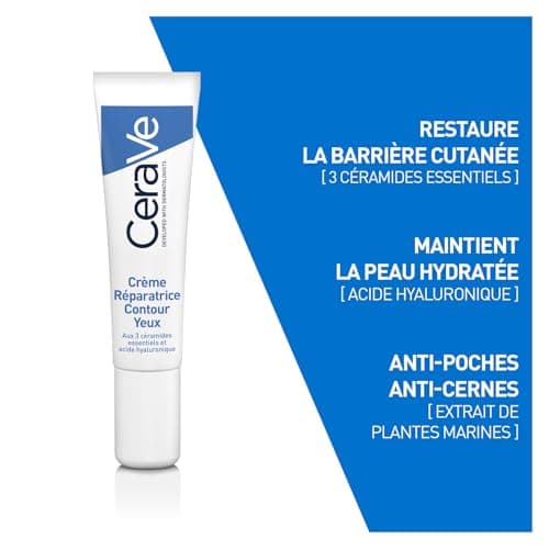 CeraVe - Crème Réparatrice Contour des Yeux - Réduit Poches & Cernes - Crème Yeux Hydratante 24 h - 3 Céramides, Acide Hyaluronique & Extraits de Plantes Marines - Tous Types de Peau - 14 ml