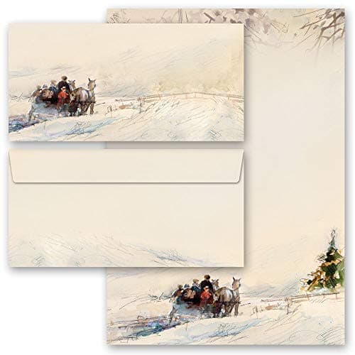 Set complet de 40 pièces Motif d'hiver, CALÈCHE DANS LES BOIS Variante A Saisons - Hiver 20 feuilles de papier à lettres et 20 enveloppes DIN LONG sans fenêtre | Paper-Media