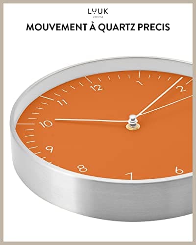 LUUK LIFESTYLE Horloge Murale en Quartz avec mécanisme Silencieux, Design Simple, pour Bureau, Cuisine, Salle de Bain, Cadeau de déménagement, 24 cm en Orange et Argent