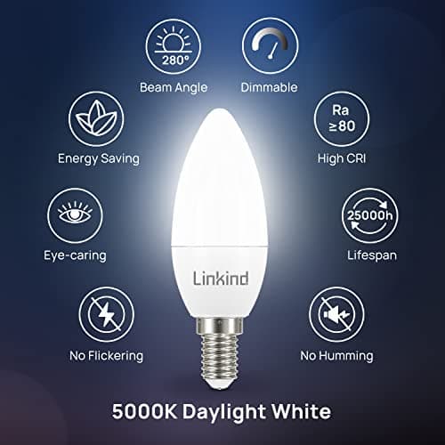 Linkind Ampoule LED Dimmable E14 Forme Bougie, 5W Équivalent à 40W, Blanc Froid 5000K, 470lm, Ampoule Bougie B35 avec Petit Culot à Vis, Lampe Intensité Variable 220-240V, Lot de 6