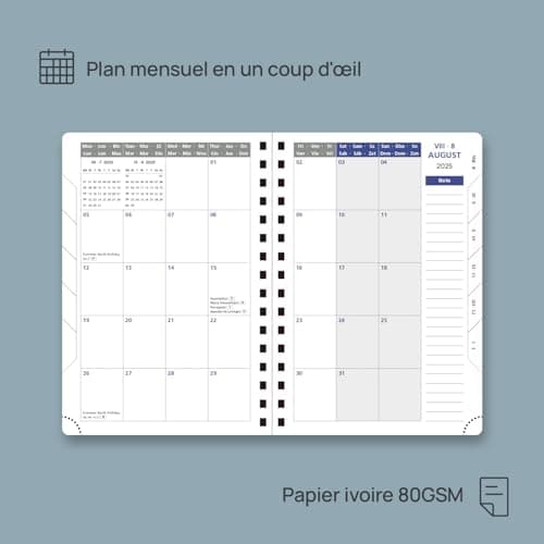 POPRUN Agenda 2025 Journalier 21,5 x 14,5 cm - Couverture Souple en PU Cuir Spirale, 1 Page par Jour A5 Agenda, D'Jan 2025 à Déc 2025, Avec règle signet, Papier 80 g/m2, Noir-BK