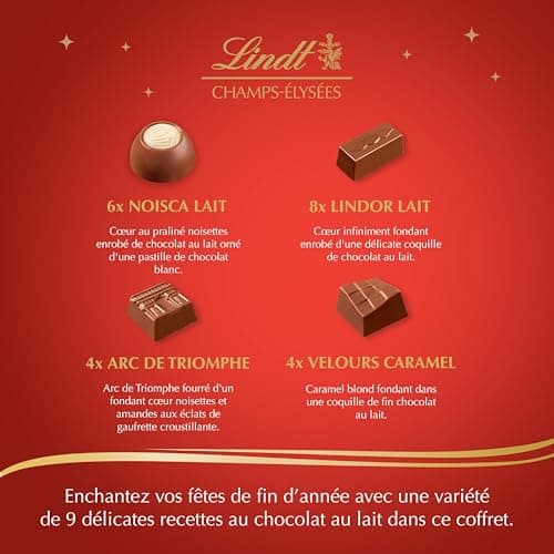 Lindt - Boîte CHAMPS-ÉLYSÉES Lait - Assortiment de Chocolats au Lait - Pralinés, Croustillants et Onctueux - Idéal pour Noël, 482g