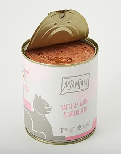 MjAMjAM - nourriture humide premium pour chats - poulet juteux et saumon sauvage, pack de 6 (6 x 800 g), sans céréales avec supplément de viande