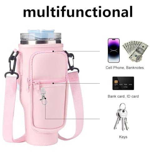 Bouteille d'Eau pour Stanley Cup 40oz, Stanley Cup Porte-Bouteille d'Eau, Sac Stanley Cup Avec Poche, Accessoires Stanley Quencher, Avec Bandoulière Réglable, pour Randonnée, Voyage, Camping, Rose
