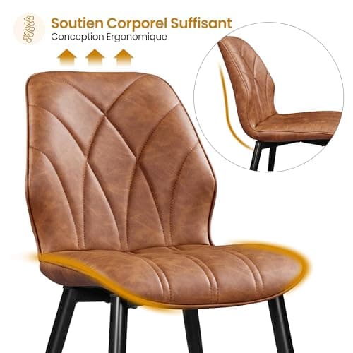 Yaheetech Lot de 4 Chaises de Salle à Manger Dossier Ergonomique Chaises de Cuisine Moderne Assise en Similicuir Bien Rembourrée Chaises de Chambre Cadre en Métal 58,5 × 44 × 82 cm Brun Rustique