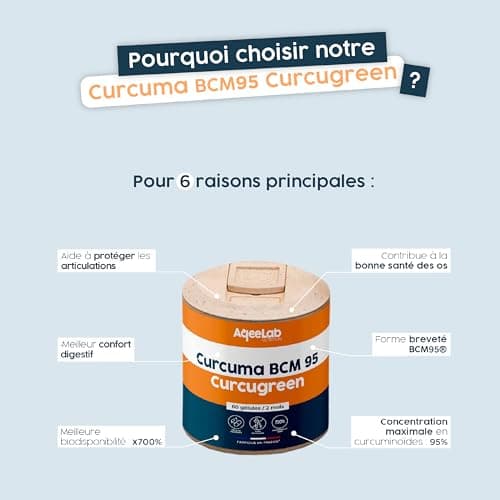 Curcuma ultra dosé • Qualité maximale : BCM95® Curcugreen® • Meilleure biodisponibilité : x700% • 2 mois • Digestion & Articulation • Made in France • AqeeLab Nutrition : la marque écoresponsable
