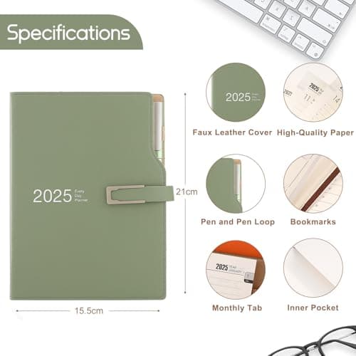Agenda académique 2025 - Format A5 - Un jour par page - Avec autocollants calendrier - Avec porte-stylo et stylo - Papier épais de qualité supérieure - 14 x 21,5 cm (vert)