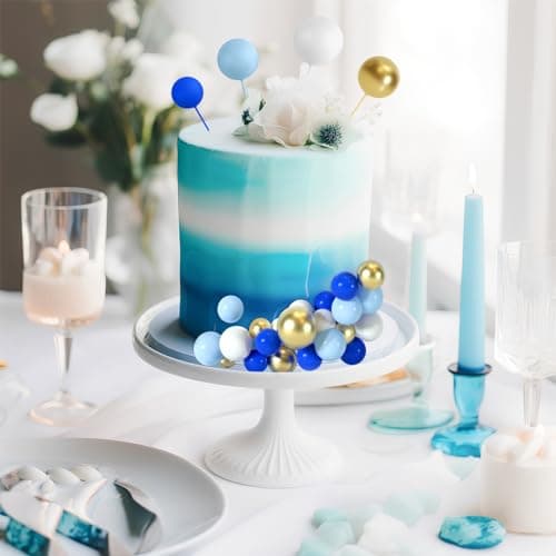 BOUBONI 48 Pièces Boules de Décoration de Gâteau Décorations de Cupcake en Ballon Boules de Gâteau pour Fête d'anniversaire Décoration de Gâteau (Bleu Roi, Bleu Clair, Blanc, Or)