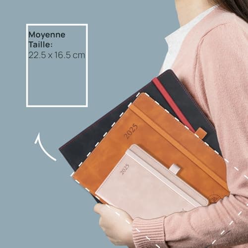 POPRUN Agenda 2025 Semainier et Carnet de Notes Moyen 22 x 16,5 cm - Couverture en Cuir Weekly Planner D'Jan 2025 à Déc 2025, Onglets Mensuels, Papier 100 g/m2, Rose Doux-SPK