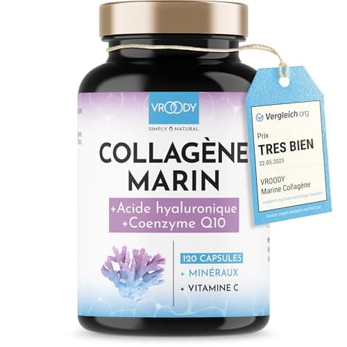 Premium Collagène Marin Complex 1000mg hautement dosé + Acide Hyaluronique - 120 Caps + Coenzyme Q10, Zinc, Cuivre, Manganèse, Vitamines C, Biotine - Sans additifs, Fabriqué en Autriche par VROODY