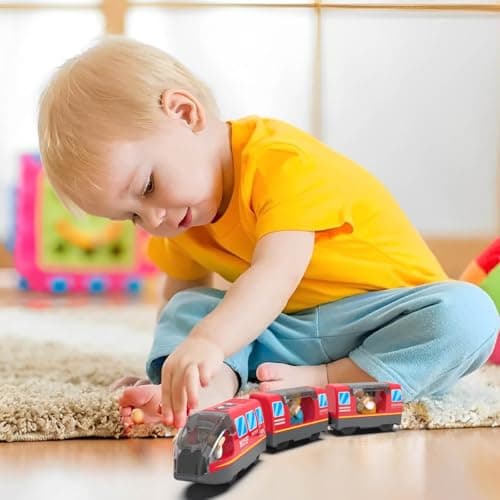 LiRiQi Train de locomotives à Piles, Ensemble de Jouets Magnétique de Train électrique, Montessori Train en Bois, Compatible avec Thomas, Brio, Jouet pour Tout-Petits Enfants garçon, Rouge