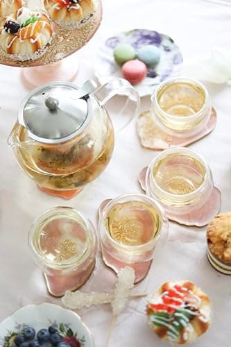 Teabloom Théière en verre compatible avec la cuisinière avec infuseur amovible (1200 ml) et quatre tasses en verre à double paroi (150 ml) – Service à thé Classica