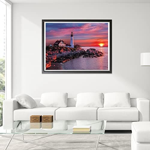 Showker 5D Kit Complet de Broderie Diamant Phare - Peinture Diamant Coucher De Soleil Rond Point de Croix - Décoration Murale pour Chambre, DIY Diamond Painting Maison 30x40cm