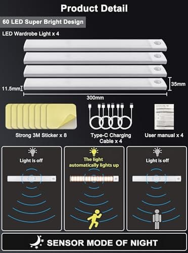 4pcs Lampe Detecteur de Mouvement Interieur Lumiere Led Sans Fil Reglette Cuisine Escalier sous Meuble Rechargeable USB Placard Avec Détecteur Lumière Armoire Eclairage Réglette Intérieur 60LED 30cm
