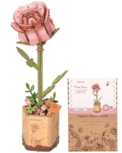 ROWOOD Puzzle 3D, Fleur en Bois, kit de modélisation de Fleurs artificielles à Assembler pour Adultes (Pink Rose)