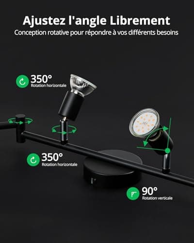 Bojim Plafonnier 6 Spots LED Orientable, Pivotants Spot Plafonnier Noir Mat, Moderne Luminaire Plafonnier pour Cuisine, Salon, Chambre, 6 x Ampoules LED GU10 incl (6W, 550lm, 2700K Blanc Chaud)