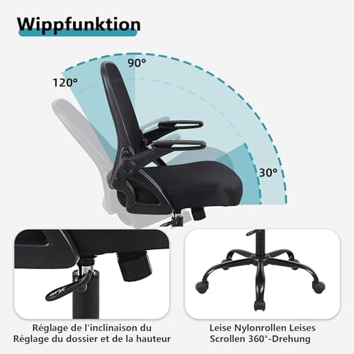 Flysky Chaise de Bureau, Chaise de Bureau Ergonomique, Chaise d'ordinateur réglable en Hauteur avec Support Lombaire et accoudoirs rabattables, Chaise de Direction pivotante, Noir