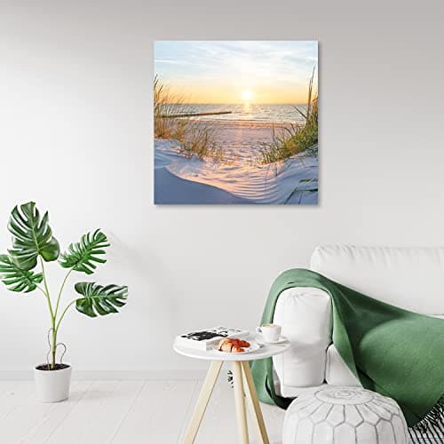 Feeby Tableau toile Passerelle vers la plage Herbe Coucher de soleil 30x30 cm Image Photo Mer du Nord Mer Baltique beige