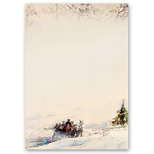 Set complet de 40 pièces Motif d'hiver, CALÈCHE DANS LES BOIS Variante A Saisons - Hiver 20 feuilles de papier à lettres et 20 enveloppes DIN LONG sans fenêtre | Paper-Media