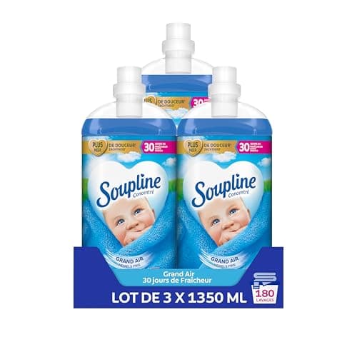 SOUPLINE Adoucissant Linge Concentré 3D Grand Air , Assouplissant Linge Formule Améliorée pour Plus de Douceur*, Assouplissant Textile Liquide , Soupline Lot de 3x1,35L