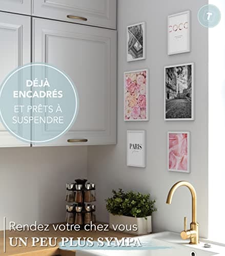 Papierschmiede® Set Mood Posters, Tableau Décoration Murale « Coco Paris » cadres en bois laqué blanc, Bureau, Salon, Deco Chambre Parentale, Cuisine, 2x A4 et 4x A5, fleurs pivoines rose noir blanc