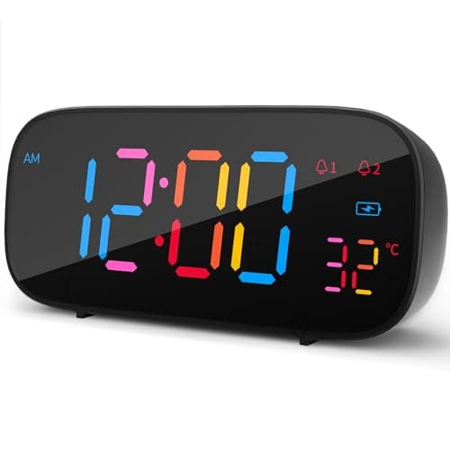 LIORQUE Réveil Numérique, Reveil a Piles LED en Couleur avec Fonction de Snooze, Reveil Digital avec Température, 0-100% Luminosité, 8 Sonneries, 2 Alarmes, 12/24H, Port de Charge USB, Noir