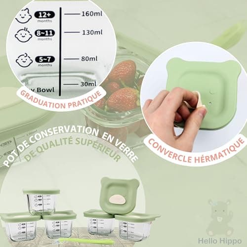 HELLO HIPPO® Lots de 6 Petit Pots en verre Bébé 180ml - Idéaux pour Compotes, Purées et Fruits, Hermétiques et Pratiques avec Graduation, Cuillère Incluse - Parfaits pour les Repas de Bébé