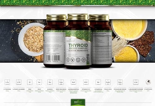Ezyleaf Complexe Thyroïdien | Supplement Soutien Thyroïdien L Tyrosine Ashwagandha Phenylalanine Iode Zinc Varech Mousse de mer Iodure de Potassium Guggul Selenium | 90 Capsules | Certifié ISO au UK