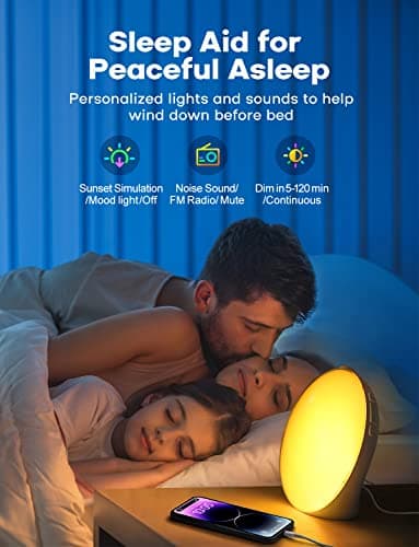 Dekala Réveil Lumineux Vollbild LED avec Bouton de Rotation, Deux Alarmes, Sons Naturels, Snooze, Radio FM, 20 Luminosités pour Ambiance Adultes et Enfants