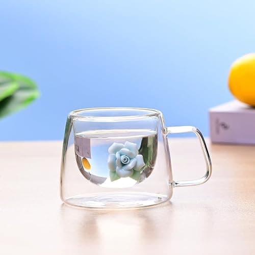 Bafnsiji 2pcs Tasses à café en Verre, Tasse de Verres Cappuccino Latte Macchiato, Tasses de Verres à café à Fleur à Double paroi, Tasses de Verres à Latte isolés, 200ml