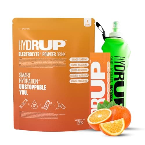 Hydrup Poudre d'Electrolytes sans Sucre avec Bouteille d'Eau Pliable, 1733 mg Kit d'Electrolytes Hydratation, Boisson Energisante aux Orangex et Mandarinex, 6 Unités