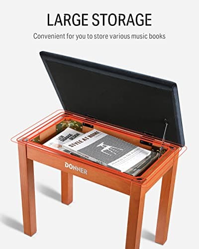 Donner Banc de Piano avec Rangement, Banc de Piano en Bois Massif avec Coussin en Daim Haute densité, Finition Bois