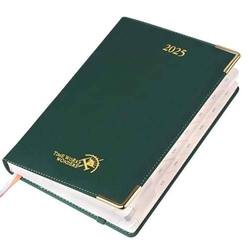 POPRUN Agenda 2025 Journalier 21,5 x 14,5 cm - Couvercle en cuir de coton PU, 1 Page par Jour A5 Agenda, D'Jan 2025 à Déc 2025-12 Mois, Onglets Mensuels, Papier 80 g/m2, Forêt Vert-FGN
