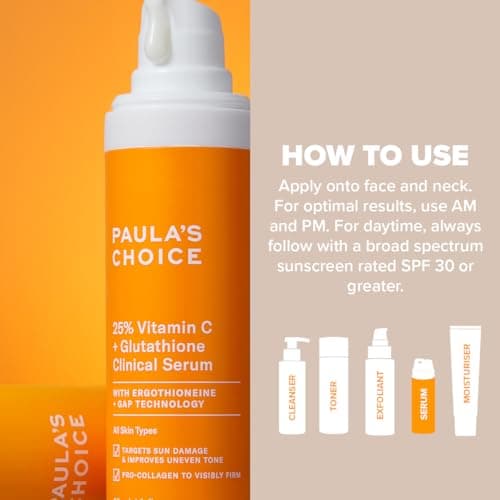Paula's Choice Sérum Expert 25% Vitamine C + Glutathion - Sérum Visage Anti Age - Cible Les Dégâts Causés Par Le Soleil & Unifie Le Teint - avec Glutathion - Tous Types de Peaux - 30 ml