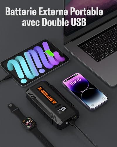 AsperX Booster Batterie Voiture 2000A, Chargeur Batterie Voiture 12V Portable (Jusqu’à 8,0L Gaz ou 6,5L Gazole), Démarreur Batterie Voiture avec Lampe LED et Ecran LCD de 1,4 Pouces