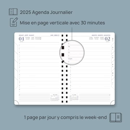 POPRUN Agenda 2025 Journalier 21,5 x 14,5 cm - Couverture Souple en PU Cuir Spirale, 1 Page par Jour A5 Agenda, D'Jan 2025 à Déc 2025, Avec règle signet, Papier 80 g/m2, Noir-BK