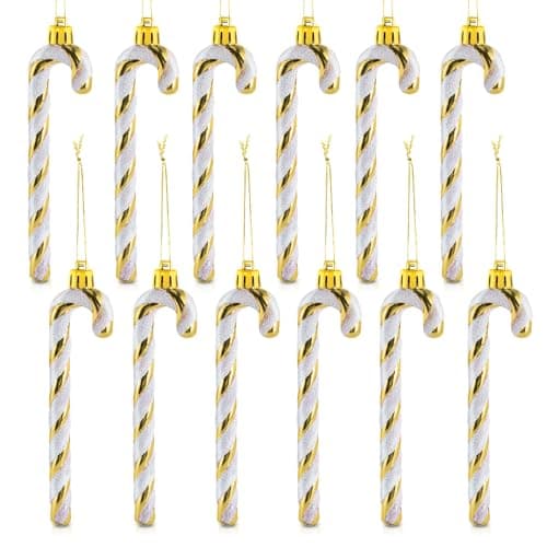 Sucre d'orge Glitter de Noël,12 pcs Candy Cane Canne à Sucre Noel Déco, Bonbons de Canne Decoration Plastique avec des Cordes,Décoration à Suspendre pour Sapin de Noël,Scintillant Doré,13cm