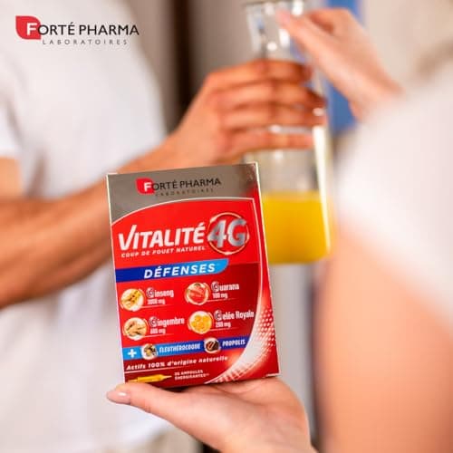 Forté Pharma - Vitalité 4G Défenses | Complément Alimentaire Energie et Défenses - Ginseng, Gingembre, Guarana et Gelée Royale | 20 ampoules