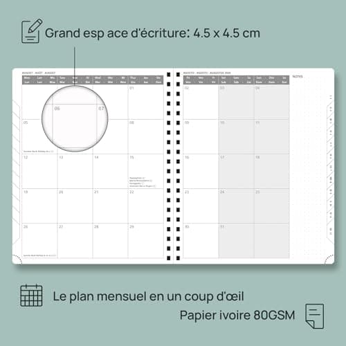 POPRUN Agenda 2025 Semainier D'août 2024 à déc 2025 Scolaire - Couverture Souple à Spirale, Onglets Mensuels, Papier 80 g/m2, Boucle de Stylo Autocollante - Format 26,5 x 21,5 cm, Marron