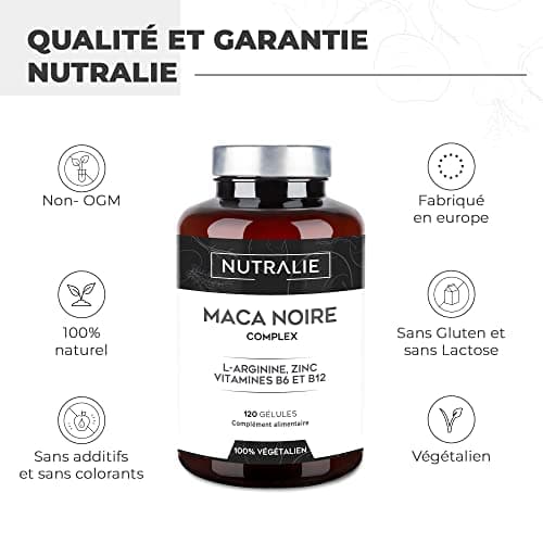 Maca Noire du Pérou 32000mg - Extra Forte L-Arginine Zinc B6 B12 [PRIX 2021] Énergie Performance - Maca pour Homme Bio-Disponible - Haute concentration 20:1-120 gélules Nutralie (Sans additifs)